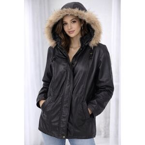 VINTAGE 90s Field Gear Raccoon Fur Trim Hooded Genuine Leather Jacket Sz M